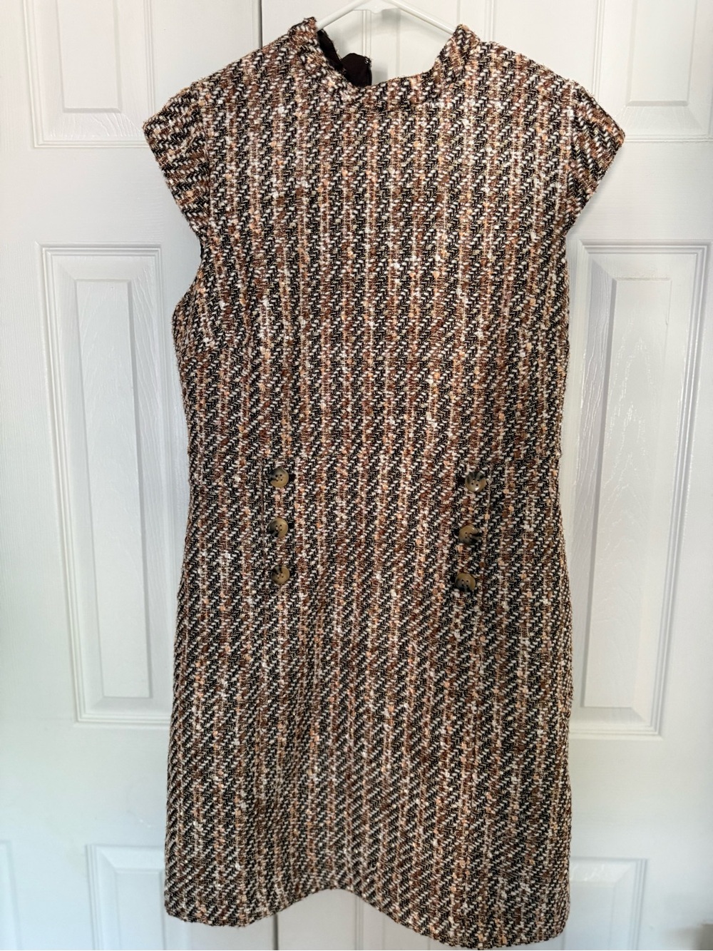 Ann Taylor Brown, Cream and Black Tweed Midi Shift Dress